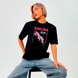 Футболка базовая унисекс "Sakura", черная - Сүрөт 1