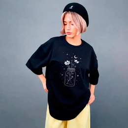 Футболка оверсайз унисекс "Ночной букет", черная - Сүрөт 1