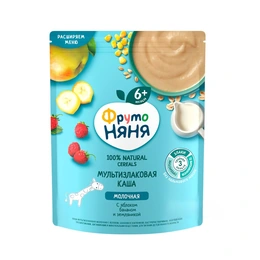 Молочная мультизлаковая каша ФрутоНяня с яблоком, бананом и земляникой, 200 г - Сүрөт 1