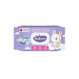 Влажные салфетки для детей WATASHI  0+ с крышкой, 64 шт - Сүрөт 1